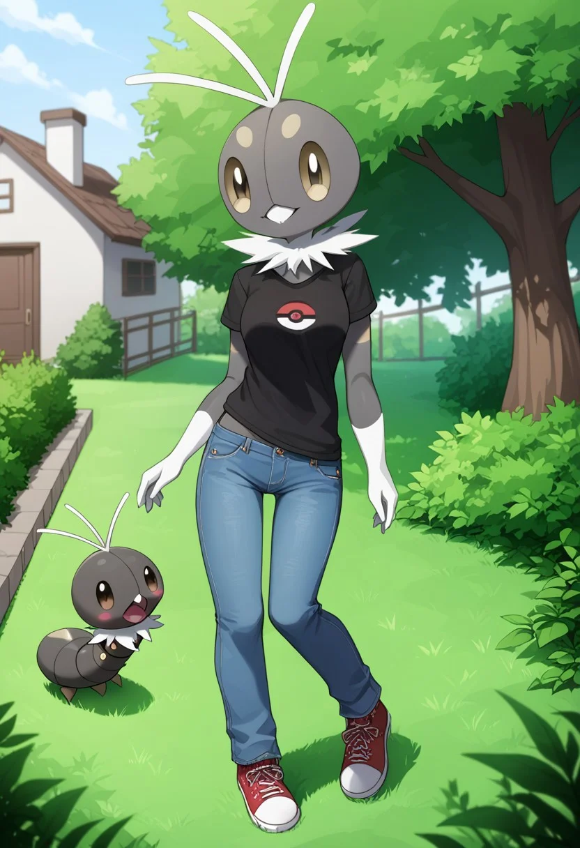 (source_anime, source_furry, score_9:1), (score_8_up, score_7_up:1), rating_explicit, BREAK solo, mouth, ,smile, , tee-shirt,medium breasts,(,female,jeans,shoes, garden,tree,house,,Pokemon (creature), , hips slim legs,cute,cute face, ,,anthro,Scatterbug