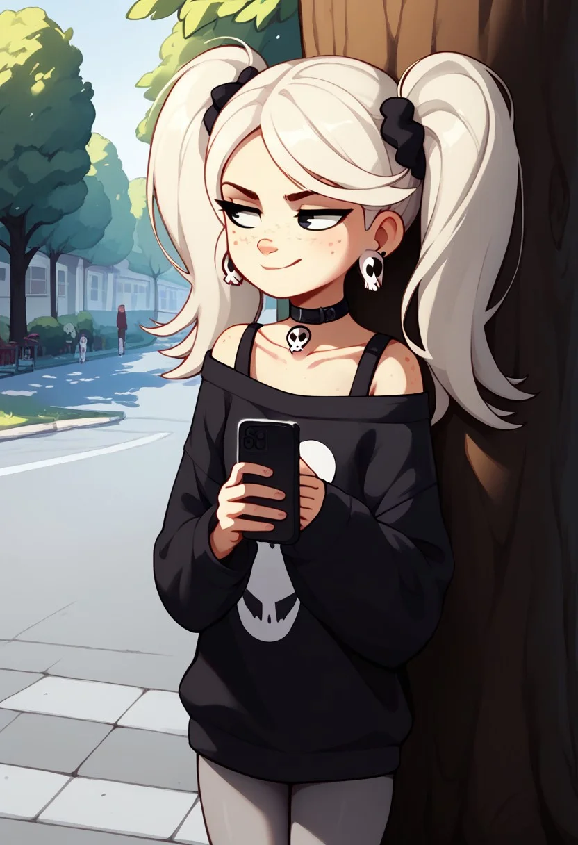 score_9, score_8_up, score_8, score_9, 1girl, solo,
platinum blonde hair, long hair, twintails, red freckles, black eyes,skull earrings, black choker, ghost print black sweater, off shoulder sweatshirt, gray pantyhose, black sneakers, black straps, small breasts, collarbone, smug,
<lora:Twintails_Marra_v1:>
outdoors, sidewalk, leaning against tree, holding cellphone, looking at cellphone, , ((upper body focus))