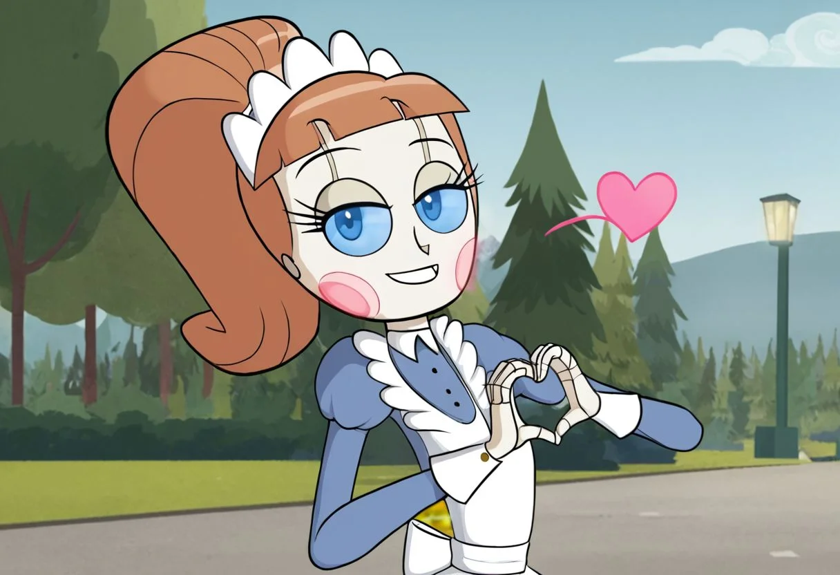 Molly, brown hair, ponytail, maid uniform, maid headpiece, posing, making a heart with hands, smile, lowered eyelids, outside
