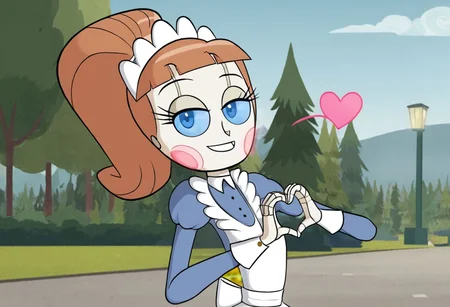 Molly, brown hair, ponytail, maid uniform, maid headpiece, posing, making a heart with hands, smile, lowered eyelids, outside