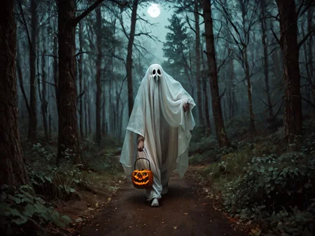 score_9, score_8_up, score_7_up,creepy,scary, white ghost,photorealistic, realistic, arms,forest, trees, walking, holding a halloween bucket, 1 ghost, night, white haze <lora:white_ghost:1>