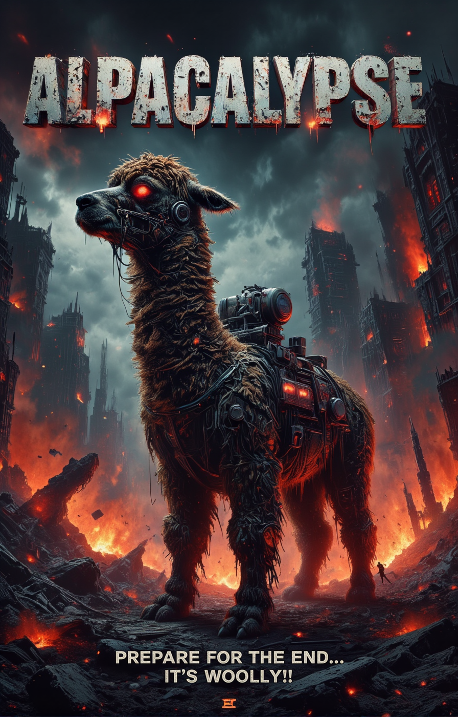 A dramatic movie poster featuring an enormous, battle-hardened alpaca standing amidst a ruined, apocalyptic city. The title "Alpacalypse" is boldly displayed at the top in large, metallic letters, radiating power and chaos. The alpaca's fur is matted with debris, and its glowing red eyes pierce through the smoky atmosphere. Mechanical armor and weapons are integrated into its body, giving it an unstoppable appearance. In the background, crumbling skyscrapers and massive fireballs dominate the sky, with a few desperate survivors fleeing. The tagline at the bottom reads: "Prepare for the end... it's woolly!" <lora:Dieselcore:0.6> d1eselc0re <lora:Dever_Flux_Enhancer:0.7>