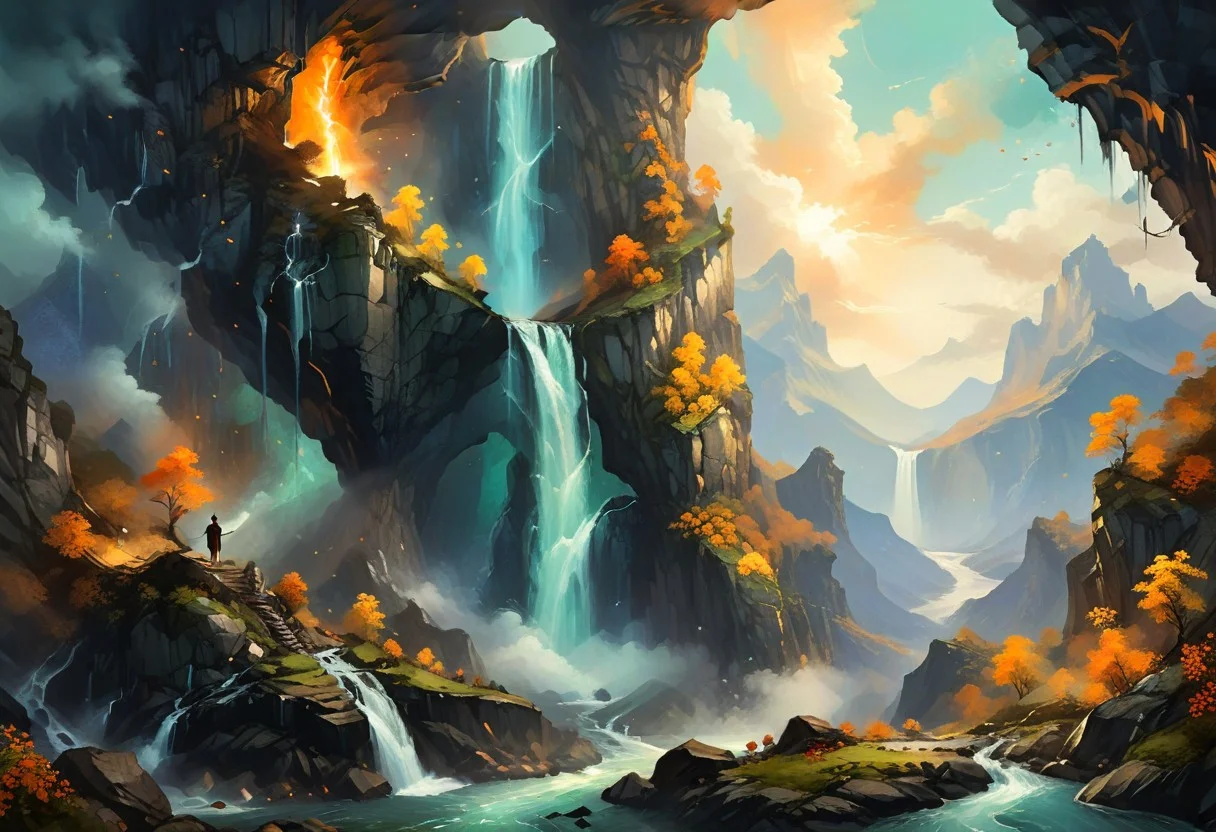 artme, a giant cliff face, with some waterfalls, on edge of a valley, in still life arrangement, canvas adorned with orange, yellow and mint green color splashes, surrounded by a tumultuous watercolor maelstrom, dramatic chiaroscuro with cinematic rim lighting,
masterpiece, best quality, 8k, intricate details, magnificent, celestial, ethereal, painterly, epic, majestic, magical, fantasy art, cover art, dreamy