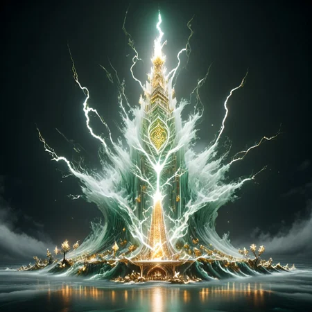 8k,hi res,(surreal,score_9, score_8_up, score_7_up, score_6_up),realistic analog photo, award winning photo,magnificent, celestial, ethereal, painterly, epic, majestic, magical, fantasy art ,((glowing runes:1.5),((beautiful nature on the background of the tower:1.3)),((The Elven style:1.7)),((Chinese style:1.7)),(elegant, beautiful,delicate and monumental style:1.7),(A great bonsai-style forest has grown in around the tower:1.7),((a tall building:1.5)),((a tall elven tower with balconies and open work windows, arches,openwork golden lattice :1.4)),(against the background of fabulous nature:1.5),((fabulous nature:1.5)),((Elven tower, stands against the backdrop of mountains:1.5)),((Lightning is dancing around the a tall tower:1.5)),(((a tall green transparent jade fairy-tale elven with a golden ornament tower:1.5))),((where magical runes seem to be perfectly intertwined with the the tower:1.5))), where the natural elements are rampant (((the power of the storm, the power of lightning, the power of fire))), where natural elements run amok (((the power of the storm:1.3))),(((the power of lightning:1.3))),(((the power of fire:1.3))) ((beautiful ancient fairy garden of emerald jade runestones:1.5)),(realistic detailed background),<lora:Tangbohu Detail Tweaker:-0.1>,<lora:Elven-Architecture_ponyXL_LOREVER:1>,<lora:Tempest_Magic_-_XL_Grimoire:1>, tempestmagic,<<lora:Awfully_Stylish_v15.2:1>,<lora:extremely_detailed:1.2>,<lora:glowneon_xl_v1:0.75>