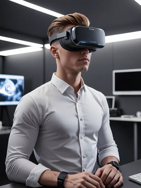 absurdres,masterpiece,sharp focus,extreme detail description,male focus,abs, A young man with a sleek, modern hairstyle, in a minimalist, high-tech home office, working on advanced virtual reality projects. The scene is futuristic and sophisticated, with clean lines and a focus on technology. ((Young man, modern hairstyle)), minimalist home office, virtual reality, (futuristic, sophisticated, high-tech).