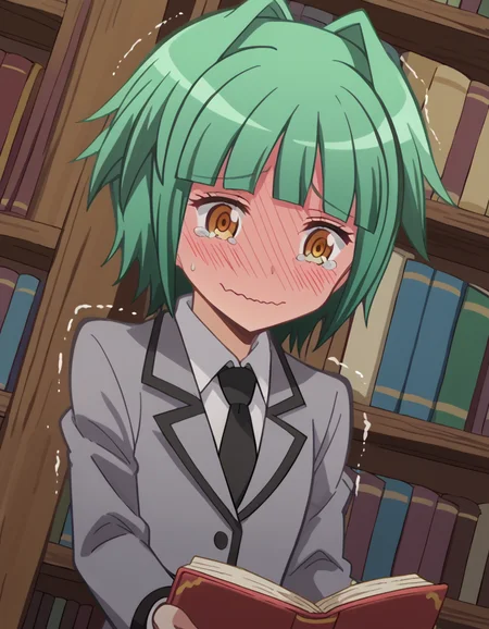 score_9, score_8_up, score_7_up, source_anime, <lora:kaede-kayano-s1s2-ponyxl-lora-nochekaiser:1>, kaede kayano, short hair, bangs, brown eyes, yellow eyes, green hair, hair intakes, anime screencap,, blazer, grey blazer, school uniform, pleated skirt, necktie, grey skirt, black necktie, white shirt, collared shirt, long sleeves,, library, books, shelves, reading, quiet, , <lora:ijimeka-ponyxl-lora-nochekaiser:1> ijimeka, ijimeka (meme), meme, full-face blush, trembling, embarrassed, wavy mouth, tears, tearing up, blush, looking down, cowboy shot,, looking at viewer, solo,, dutch angle, cowboy shot