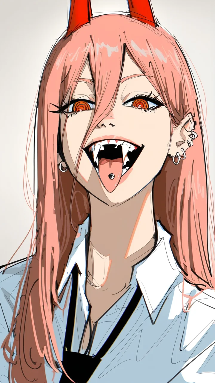 samdoesarts, anninosj, letsfinalanswer, hamukukka, elliemaplefox, sei5osuzuki, BM94199, yaoyao794, score_9, score_8_up, score_7_up, i want the whole image to be created in 3D anime style, 1girl, solo, long hair, looking at viewer, smile, open mouth, shirt, red eyes, hair between eyes, jewelry, pink hair, earrings, horns, teeth, tongue, collared shirt, tongue out, symbol-shaped pupils, eyelashes, fangs, piercing, sharp teeth, demon horns, ear piercing, portrait, red horns, cross-shaped pupils, tongue piercing, power (chainsaw man)