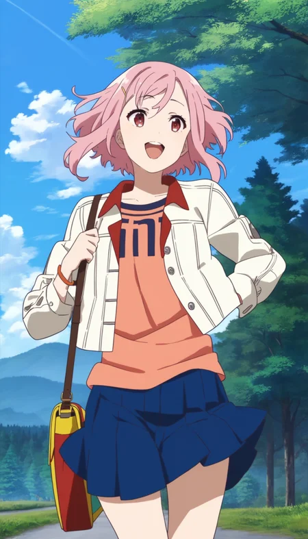 score_9,score_8_up,score_7_up,
<lora:yoshinokoharu>,yoshinokoharu,
1girl, solo, pink hair, short hair, bouncing hair, bangs, red eyes, looking ahead, open mouth, happy, white jacket, open jacket, orange tank top, blue pleated skirt, carrying a single-strap shoulder bag, upper body, running, fromt view, from below, outdoors, dappled sunlight, morning, summer, forest, hill, blue sky, cloud