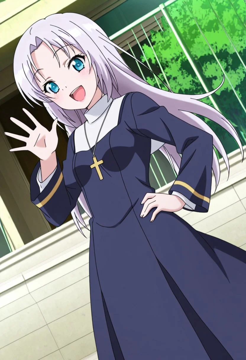 general,highres, ultra-detailed,very aesthetic,best quality ,best hands,best eyes,easynegative,
dynamic anglre, dutch angle, anime cloring,anime screencap,
1girl solo,looking at viewer,outdoors,school, smile, open mouth, waving hand, hand on hip,
Maria TAKAYAMA,silver hair, long_hair, small breasts, short body, blue_eyes, petite,priest costume