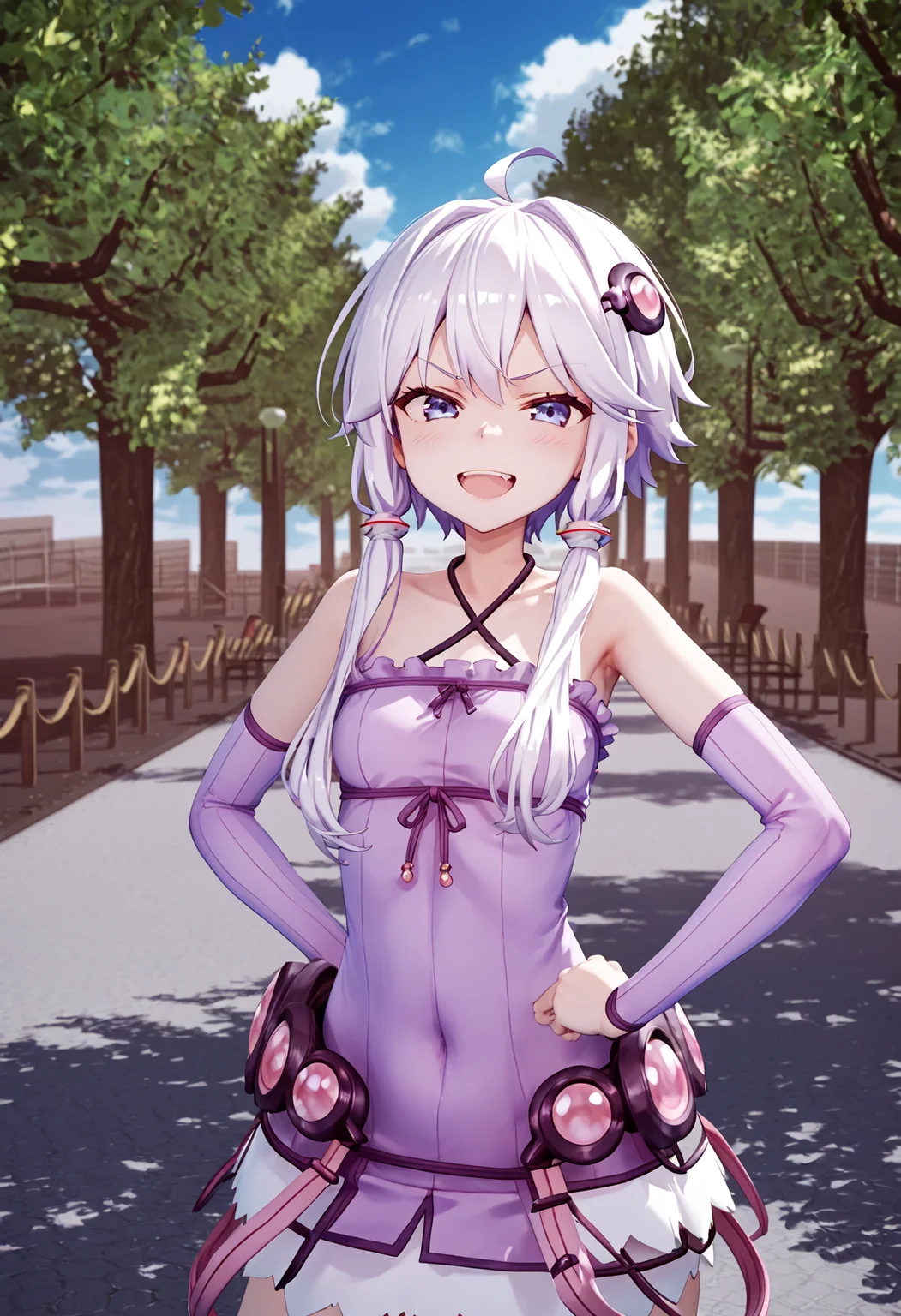 score_9, score_8_up, score_7_up,
<lora:YuzukiYukari_Uzai_V1:1>1girl, blue sky, bridge, closed mouth, cloud, cowboy shot, day, facing viewer, feet out of frame, hand on hip, jacket, lamppost, looking at viewer, open mouth, outdoors, outstretched arm, park, photo background, road, scenery, shadow, sleeveless, sleeveless dress, smile, solo, standing, tree, w, walking, wide shot, zettai ryouiki
smug, smirk, blush, teeth, angry, bush,(upper body:1.5)
