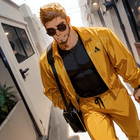 <lora:MBTI__ESTP__Male_Version-000006:.7>, mbti_estp, 1male, quiff hair, blonde hair, black eyes, yellow jacket, black shirt, yellow pants, sunglasses, bag, carries a sporty gray shoulder bag, black shocks, yellow sneaker,
(very short hair, beard, bara, mature, facial hair, stubble, beard, full beard, sideburn, beard, a lot of beard, ), facial hair,male focus, muscular male, muscular male, bara, mature,  bara, mature, dutch angle,
aixiwuganda_(20222192), very awa, masterpiece, best quality, absurdres, newest, perfect quality, detailed background, intricate details,
<lora:slider_Body Type_alpha1.0_rank4_noxattn_last:2><lora:style_Anime Summer Days 2 Style SDXL_LoRA_Pony Diffusion V6 XL:.6><lora:slider_cfg_scale_boost:.7><lora:face_Artist6p-10:.55>, Artist6p, Artist04p,<lora:slider_il_brightness_slider_d1:-1><lora:slider_il_contrast_slider_d1:-1><lora:slider_DarkSlider1.2_alpha1.0_rank16_full_300steps:-.6><lora:slider_Detailer_NoobAI_Incrs_v1:1> detailed,