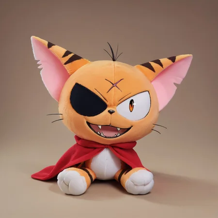 matatabi_ckc, solo, furry male, furry, looking at viewer, orange fur, eyepatch, male, cat, scar, red cape, , smile, open mouth, fangs, 1 eye, eye, looking at viewer, (((score_9, score_8, score_7, high quality, high detail, detailed face, good anatomy, plushify, character stuffed toy, chibi)))