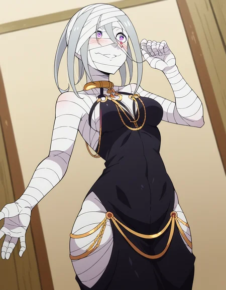 score_9, score_8_up, score_7_up, source_anime, <lora:sirius-romanee-conti-s3-p1-ponyxl-lora-nochekaiser:1>, sirius romanee conti, long hair, purple eyes, white hair, bandages, bandaged head, bandaged neck, bandaged arms, bandaged legs, bandaged hand, bandaged chest, bandaged torso, bandaged wrist, bandaged knees, medium breasts,, <lora:madokawa-dress-ponyxl-lora-nochekaiser:1>, modakawa dress, gold chain, tight dress, hip vent, low neckline, criss-cross back-straps, taut dress, evening gown, o-ring dress, black dress, backless dress,, indoors, smile, blush, , dutch angle, cowboy shot