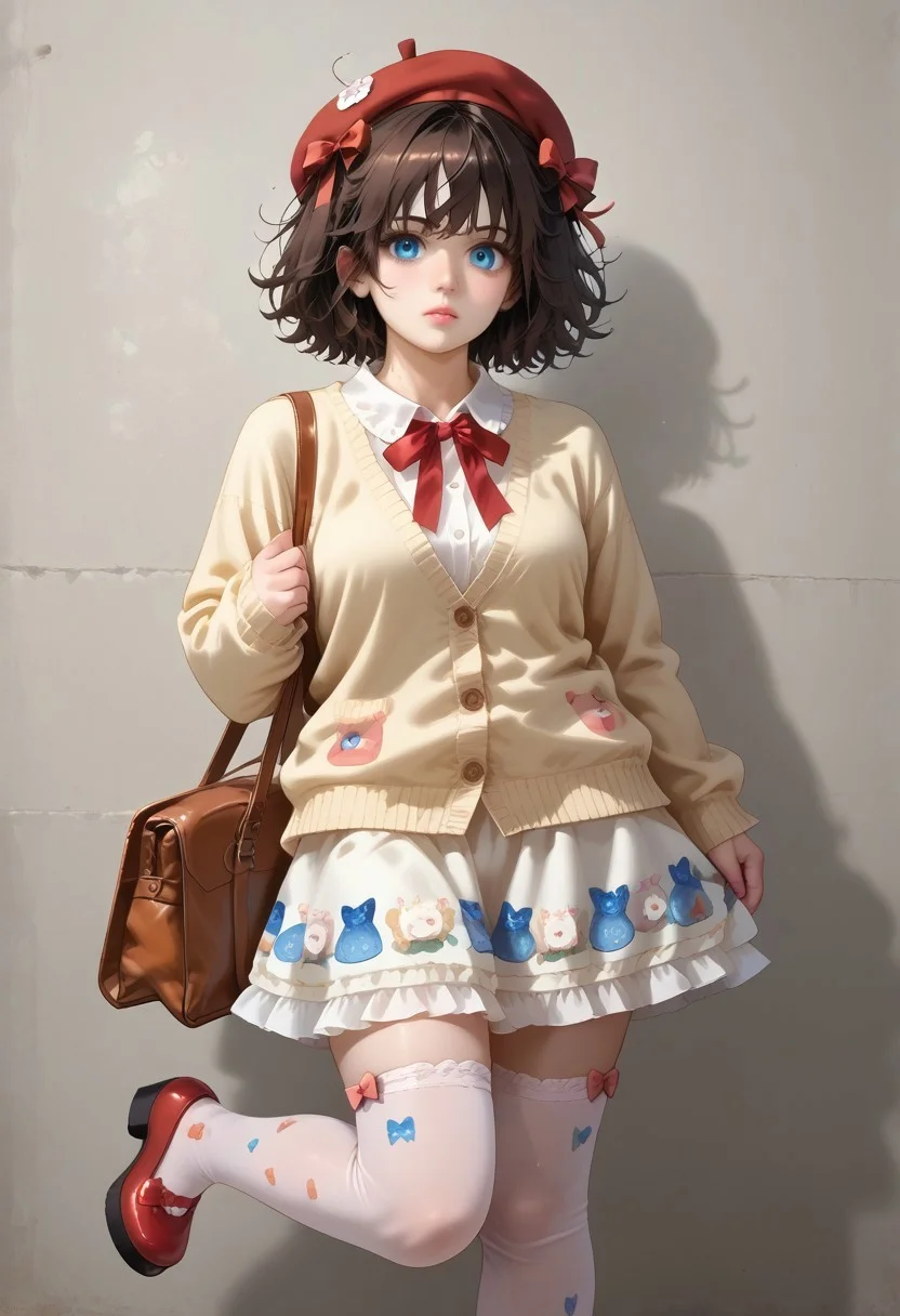 score_9, score_8_up, score_7_up,
masterpiece, best quality, detailed, amazing quality,
detailed background,
detailed eyes, clean eyes,
dynamic pose,
solo, 1woman, woman,
easynegative,
otome, cute dress, frilly, bow, ribbon, print dress, cardigan, purse, beret hat, jewelry, mary jane shoes, stockings,
slutty_m3l0dy, pale skin, short hair, blue eyes, dark brown hair, messy hair, curvy