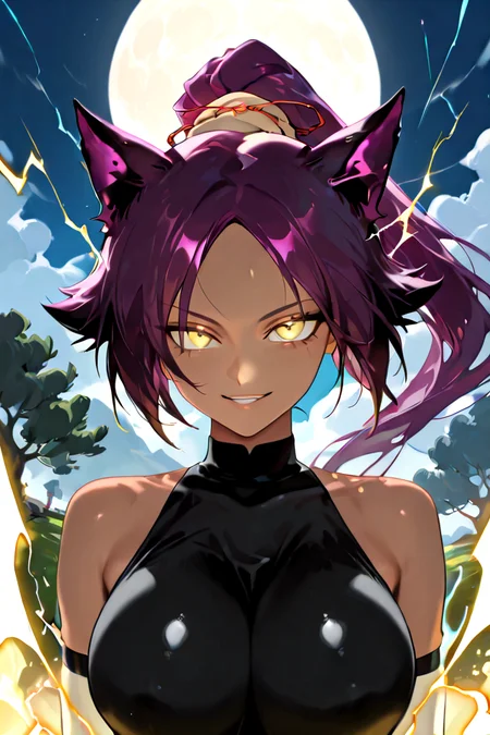 PonyScores, score_9_up, score_8_up, score_7_up, 32k, (source_anime), 1girl, solo, (shihouin yoruichi), (purple hair), (yellow eyes), dark-skinned female, (big breasts), long hair, high ponytail, hair tie, animal ears, tail, (electrokinesis), (electricity), standing, looking at you, seductive smile, outdoors, sexy, parted lips, full lips, (golden electricity), (glowing electricity), backlighting, blue sky, day, sun, wind, trees, clouds, moon, night, fog, (detailed eyes), (detailed face), (detailed background), (portrait), detailed landscape, (perfect lighting), (best quality), horizon, (light particles), glowing eyes, anime, (perfect female body), (beautiful eyes and face), (upper body), alternate form, toned female, tanned, slender, ((black bodysuit)), bare shoulders, thigh highs, ponytail, dynamic character design, detailed lips, ((focus eyes)), ((eyes focus)), <lora:ShihouinYoruichiApexAiIllustrious:1>, breasts, <lora:Expressive_H:1>, Expressive, powerful, energetic, vibrant, ultra detail, fire, (golden aura), (spiked hair), (super saiyan god), (super saiyan), (fiery aura), (aura), perfect eyes, energy, electricity, (blue electricity), (energy charging posture), ((charging aura)), <lora:aura_v2_beta2:1>, 32k,<lora:CharacterDesignIllustrious_Concept:0.7>,