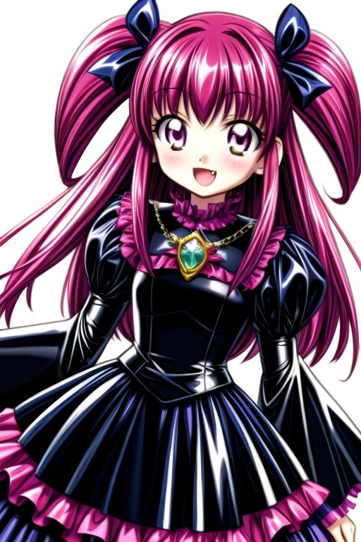 Bad_End_Precure, DarkPrecure, corrupted princess wearing dark pastel (ruffled:1) (gleaming latex:1) gown with (latex vampire cloak:1) and (long frilly wide sleeves), soft lighting, ruffles, (cute little fang:1)
(vmpr:1),
<lora:more_details:1>,