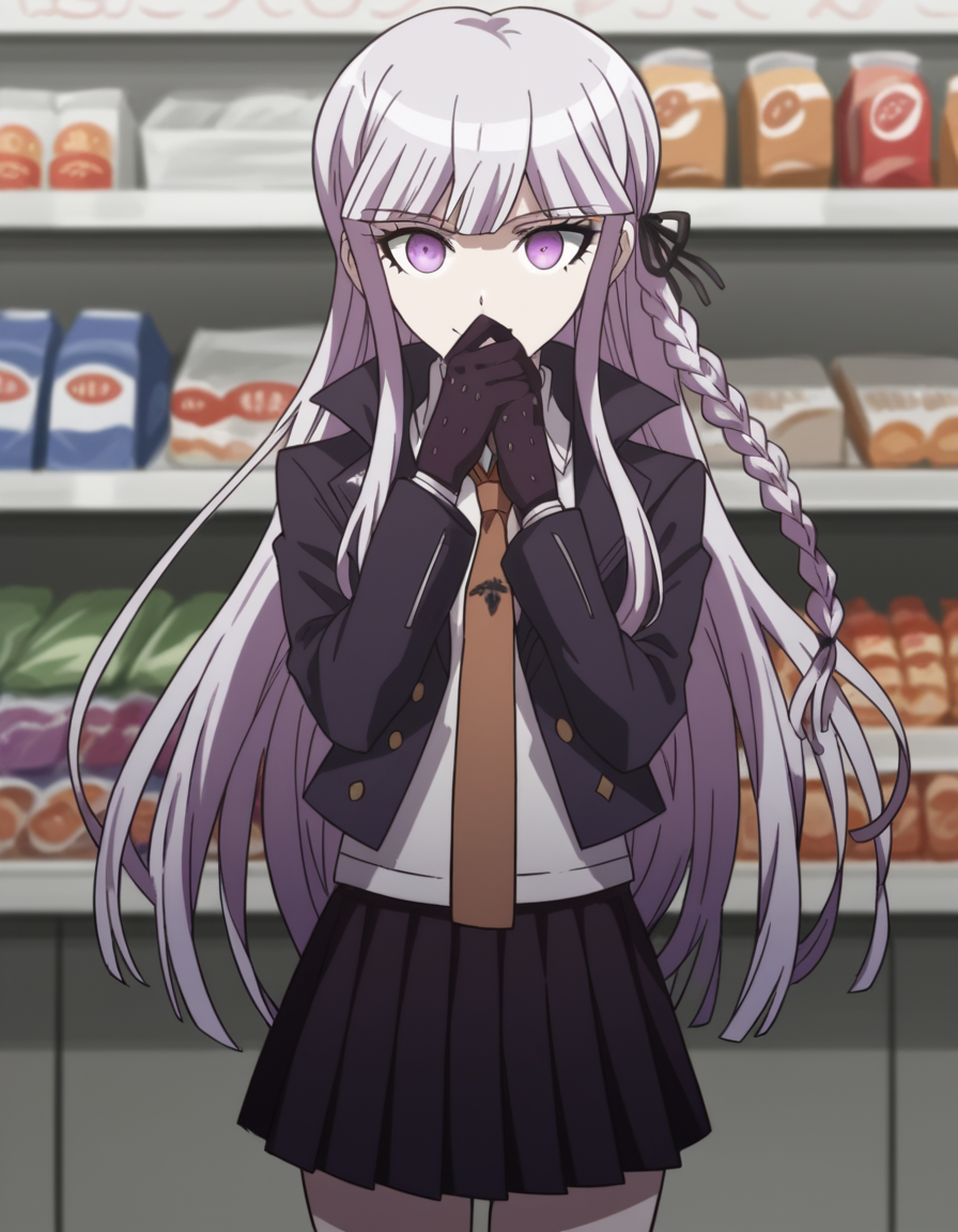 score_9, score_8_up, score_7_up, source_anime, <lora:kyouko-kirigiri-s1-ponyxl-lora-nochekaiser:1>, kyouko kirigiri, long hair, bangs, ribbon, purple eyes, hair ribbon, purple hair, braid, single braid, side braid,, skirt, shirt, gloves, long sleeves, jacket, white shirt, pleated skirt, open clothes, necktie, collared shirt, black skirt, open jacket, black jacket, black ribbon, brown necktie,, grocery store, cashier, shopping bag, scanning items, small talk, everyday routine, smile, looking at viewer, hand covering mouth, solo,, cowboy shot, dutch angle
