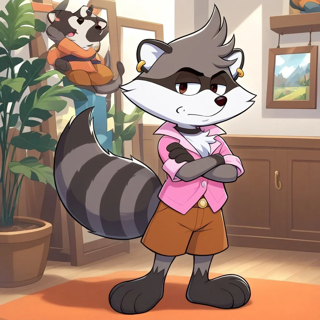 brown shorts, indoors, earrings, 1boy, Raccoon, Full Body,  solo, Renaldo Raccoon, arms crossed, standing, looking at viewer