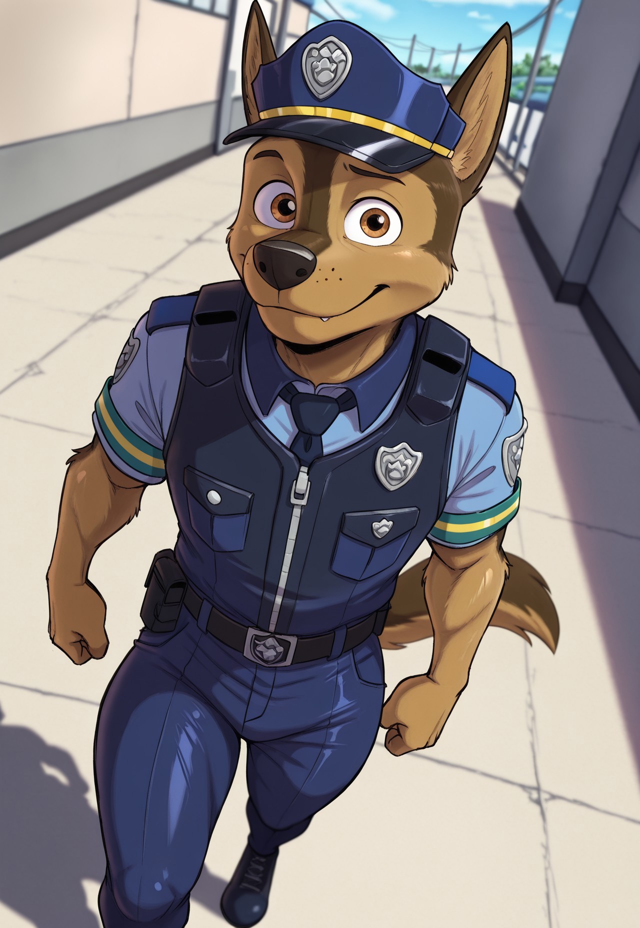 masterpiece, best quality, amazing quality, very aesthetic, absurdres,  newest,  high quality, detailed, high quality, detailed, solo male, yamathegod, Chase, german shepherd, dog boy, brown fur, brown eyes, tail, furry, anthro, 1boy, furry,

expressive manly face, looking at viewer, smimling,
manly, shiny skin, hands at side, police hat, police
uniform, vest, belt, shadow, dynamic angle, dynamic
action, atmospheric perspective, intricately detailed,
depth of field