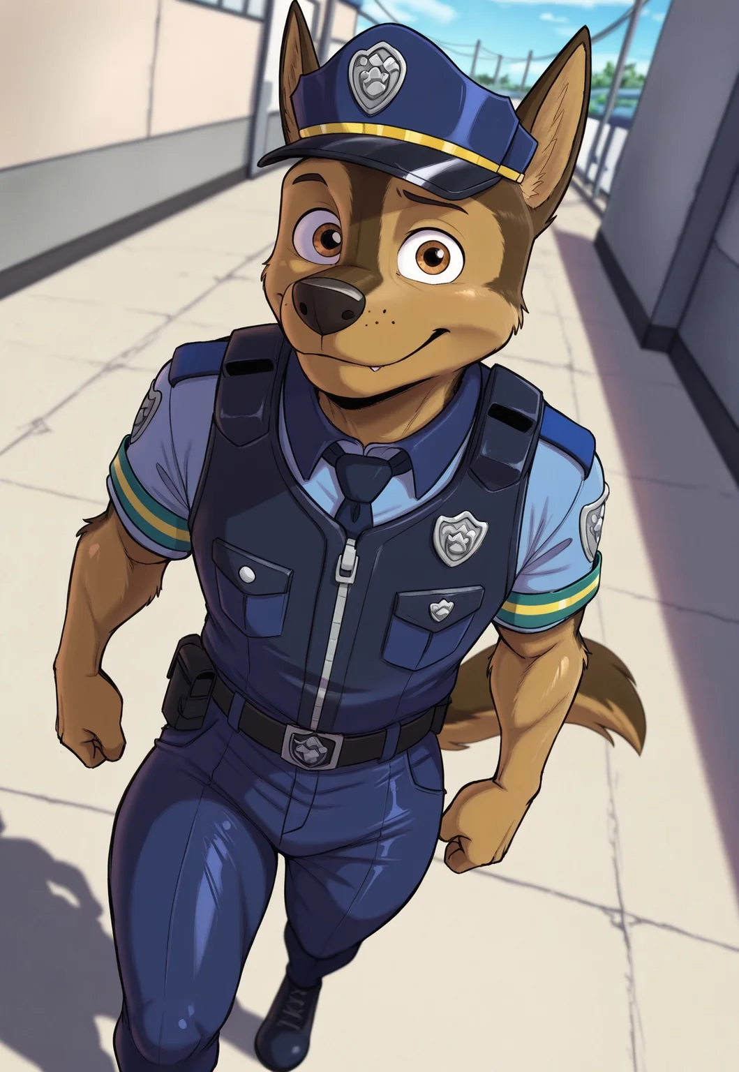 masterpiece, best quality, amazing quality, very aesthetic, absurdres, newest, high quality, detailed, high quality, detailed, solo male, yamathegod, Chase, german shepherd, dog boy, brown fur, brown eyes, tail, furry, anthro, 1boy, furry,
expressive manly face, looking at viewer, smimling,
manly, shiny skin, hands at side, police hat, police
uniform, vest, belt, shadow, dynamic angle, dynamic
action, atmospheric perspective, intricately detailed,
depth of field