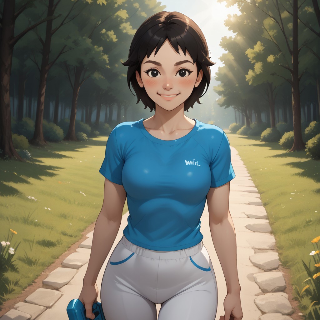 score_9, score_8, BREAK, solo, wii, mii, white skin, black hair, black eyes, brown eyebrows, blush, cyan clothing, white pants, shoes, breasts, 1girl, female mii, wii sports, cute, Rin_(Wii_Sports), nintendo mii, modern_mii, classic_mii, sexy pose, smile, outdoors, sunlight, shadows, evening lighting, natural lighting, forest, trees, grass, orange sky, sunset