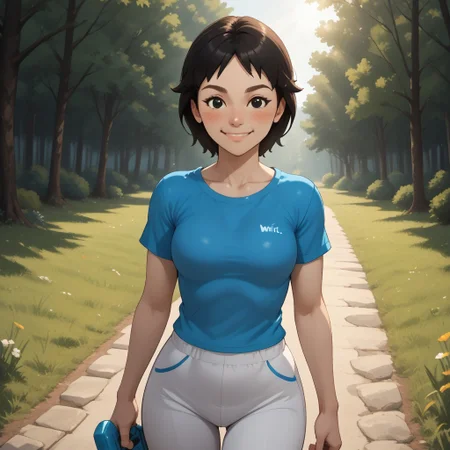 score_9, score_8, BREAK, solo, wii, mii, white skin, black hair, black eyes, brown eyebrows, blush, cyan clothing, white pants, shoes, breasts, 1girl, female mii, wii sports, cute, Rin_(Wii_Sports), nintendo mii, modern_mii, classic_mii, sexy pose, smile, outdoors, sunlight, shadows, evening lighting, natural lighting, forest, trees, grass, orange sky, sunset