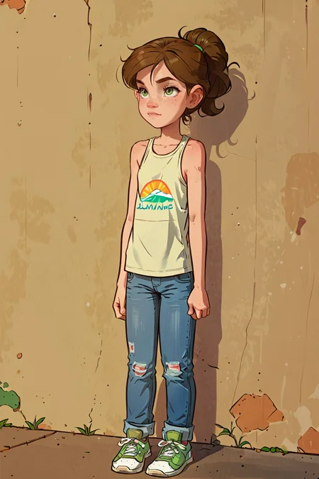 score_9,score_8_up,score_7_up,score_6_up,score_5_up,score_4_up, rating_safe, jeans, sneakers,
1girl, solo, lazstyle, female child, young,petite, small, green eyes, [[freckles]], short brown hair in ponytail,
 <lora:Expressive_H:1>
 <lora:age_slider_v4:-2>
 <lora:LazStyle_PDXL:1>
