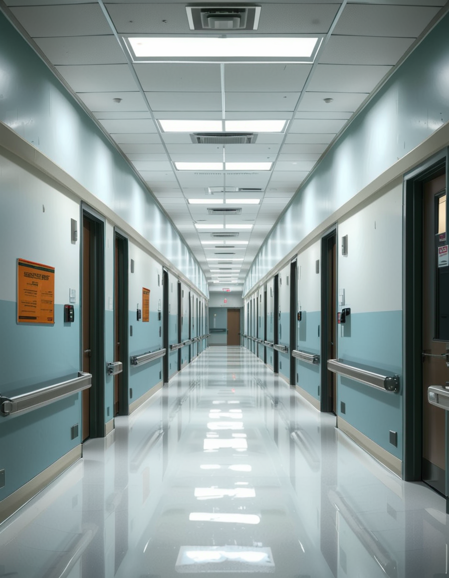 A long, sterile hospital corridor with bright white walls and a polished, reflective floor. The fluorescent ceiling lights cast a cold, clinical glow, emphasizing the cleanliness of the space. The hallway is lined with closed patient rooms, each marked with a small number plate. Stainless steel handrails run along the walls, and a few medical carts are neatly parked near the side. The corridor appears empty, creating a sense of stillness and anticipation. At the far end, a set of double doors with small glass windows leads to another section of the hospital. The atmosphere is quiet, professional, and highly sanitized, evoking a sense of order and precision.
<lora:SDXLFaeTastic2400:0.4> <lora:extremely_detailed:0.4> extremely detailed, <lora:sterile_hospital_c0rr1d0r:1>,sterile hospital c0rr1d0r, Masterpiece,best quality,hi res,8k,hi res,8k,award winning,(sharp focus, intricate, highly detailed),