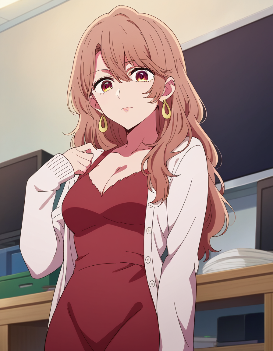 score_9, score_8_up, score_7_up, source_anime,
miyakosaitou, <lora:miyako-saitou-s1-ponyxl-lora-nochekaiser:1>,
miyako saitou, long hair, brown hair, brown eyes,
dress, cleavage, jewelry, cardigan, earrings, red dress, hoop earrings, white cardigan, long sleeves,
indoors, office,
looking at viewer, dutch angle, cowboy shot,