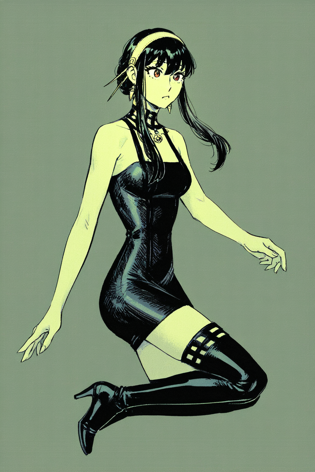 score_9, score_8_up, score_7_up, spy x family, yor briar, bare arms, black choker, black dress, black footwear, black hair, boots, choker, dress, hair between eyes, hairband, high-low skirt, high heel boots, high heels, medium breasts, red eyes, short hair with long locks, sidelocks, sleeveless, sleeveless dress, thigh boots, yellow hairband, solo, solo focus, portrait, high contrast,detailed background, simple background, Balancing on one foot with arms extended to the side, (green theme:1.5), (monochrome:1.5), <lora:godiva_green:1>