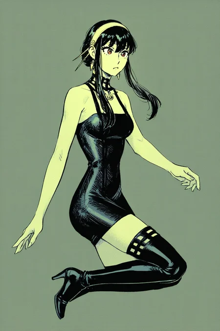 score_9, score_8_up, score_7_up, spy x family, yor briar, bare arms, black choker, black dress, black footwear, black hair, boots, choker, dress, hair between eyes, hairband, high-low skirt, high heel boots, high heels, medium breasts, red eyes, short hair with long locks, sidelocks, sleeveless, sleeveless dress, thigh boots, yellow hairband, solo, solo focus, portrait, high contrast,detailed background, simple background, Balancing on one foot with arms extended to the side, (green theme:1.5), (monochrome:1.5), <lora:godiva_green:1>