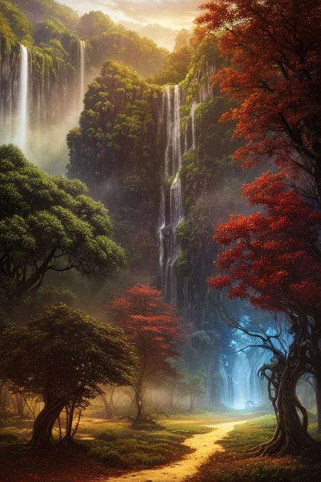 Surreal oil painting,
fantasy forest,
an expansive ancient forest, featuring towering oaks, diverse wildlife, a variety of flora, and a feeling of grandeur,forest lake,waterfalls,
glowwave,
dawn,
thunderstorm, and many small clouds, and slightly cloudy,,,
