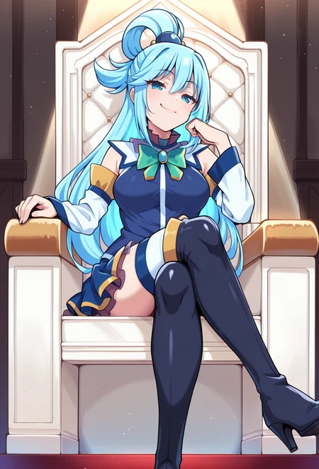 masterpiece, best quality, high quality, anime, <lora:AEAquaIlx:1> AEAquaDef, blue eyes, blue hair, single hair ring, hair ornament, green bow, blue shirt, sleeveless, detached sleeves, White sleeves, blue skirt, miniskirt, White thighhighs, thighhighs under boots, zettai ryouiki, blue thigh boots, high heel boots, high heels,
sitting, black_room, white throne, crossed legs, arm rest, smug, spotlight
