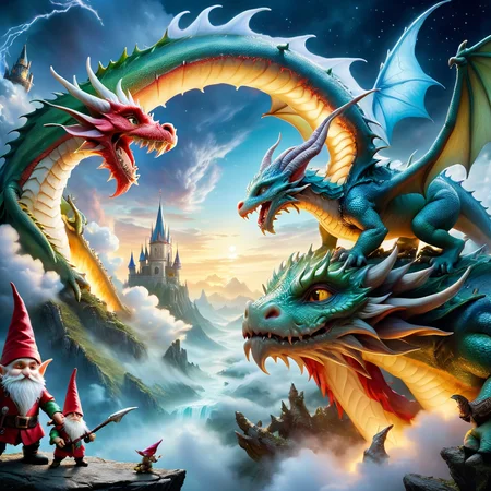 Fujifilm quality photograph (best quality)++, (masterpiece)++, (detailed)+, elf on the shelf fighting a Dragon, (fantasy illustration)1.3, enchanting Dragon battle elf on the shelf, mystical battle, (many gnomes battling)1.4 (whimsical charm).4 Otherworldly charm, mystical sky, (Luis Royo)1.2, (Yoshitaka Amano)1.1, moonlit night, soft colors, (detailed cloudscape)1.3, (high-resolution)1.2 (gnomes  battling everywhere)1.2 , <lora:DonM3t3rn1tyXL-v1.1:0.3> DonM3t3rn1tyXL <lora:DonMD1g174l4sc3nc10nXL:0.3> DonMD1g174l4sc3nc10nXL  <lora:Dragons:0.8> dragon  <lora:EnvyMagicalXL01:0.3> magical <lora:FantasyLandscape:0.8> FanLan