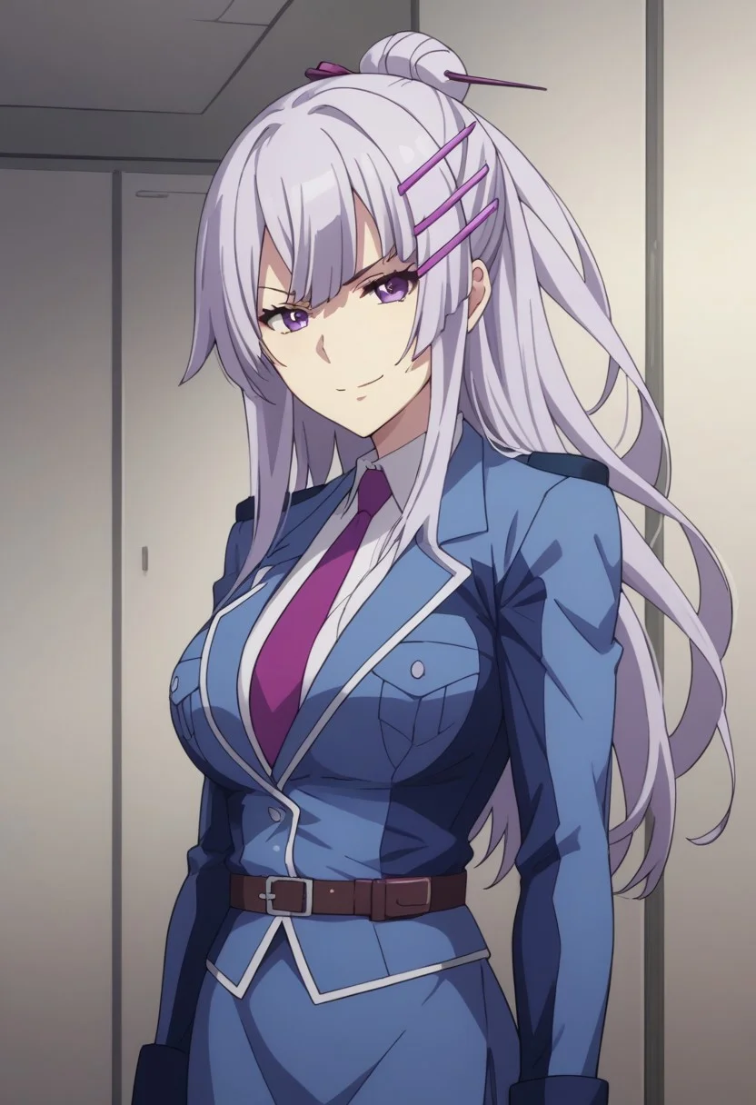 score_9, score_8_up, score_7_up, source_anime, highly detailed,
Froleytia, 1girl, solo, necktie, standing, skirt, belt, collared shirt, long hair, hair ornament, shirt, purple necktie, bangs, blue skirt, closed mouth, jacket, looking at viewer, long sleeves, purple eyes, blue jacket, upper body, breasts, smirk,
indoor,