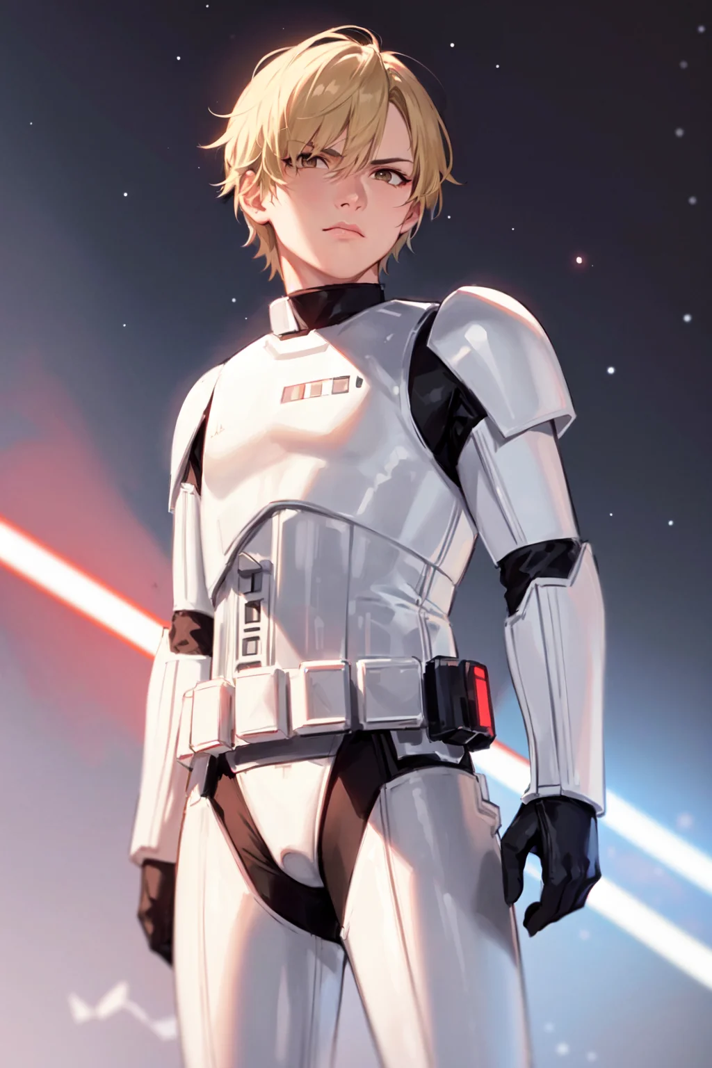 storm trooper, white armor, science fiction, star wars, 1boy, solo, [black bodysuit], blonde hair, serious, looking at viewer, brown eyes, standing