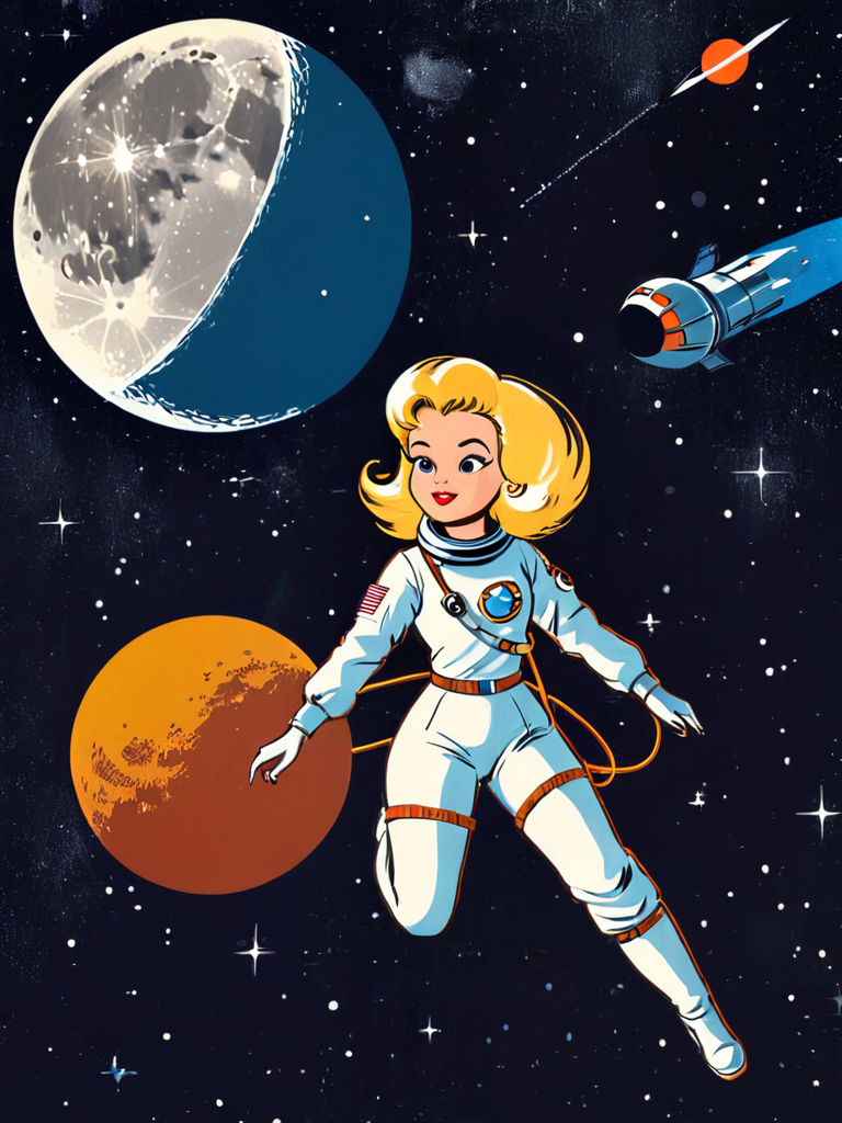 soviet movie poster, 1950-s cosmonaut woman, far space, moon, nebula, sputnik, blonde, in the style of steven-rhodes, Retro Illustration Style, <lora:steven-rhodes-sdxl-v1-000046:0.6>, Humorous Elements, Simplistic Details