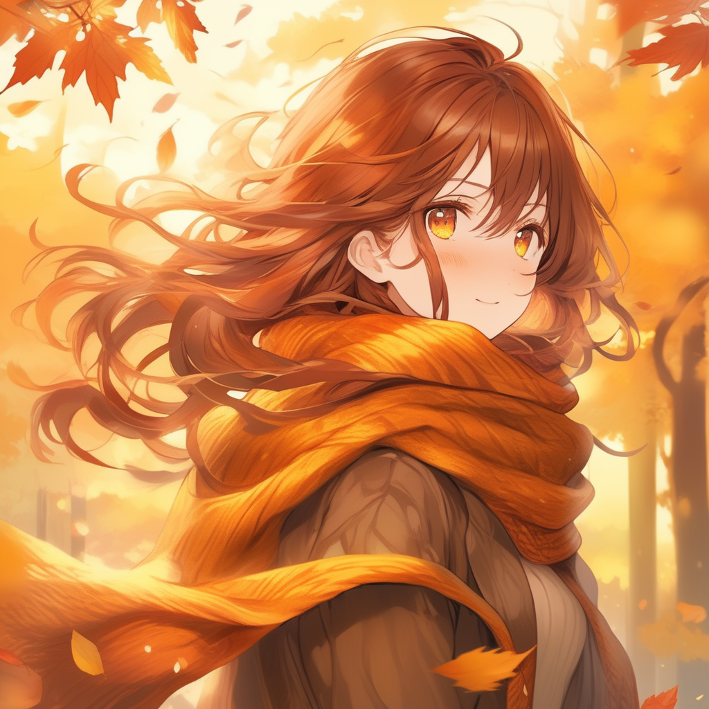 1girl, vibrant autumn leaves swirling, auburn hair, golden eyes reflecting sunset hues, cozy woolen scarf, warm earthy tones, nestled by a forest edge, gentle breeze, masterpiece, best quality, trending on Pixiv