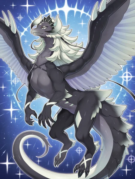 1other, dragonmaid stern, solo, sparkle, claws, full body, blue background, looking at viewer, no humans, closed mouth, outline, spread wings, sparkle background, dark dragon, animal focus, furry female,
masterpiece,best quality,amazing quality,very aesthetic,absurdres,newest,<lora:Chamber dragonmaid illuXL v1:0.73>,