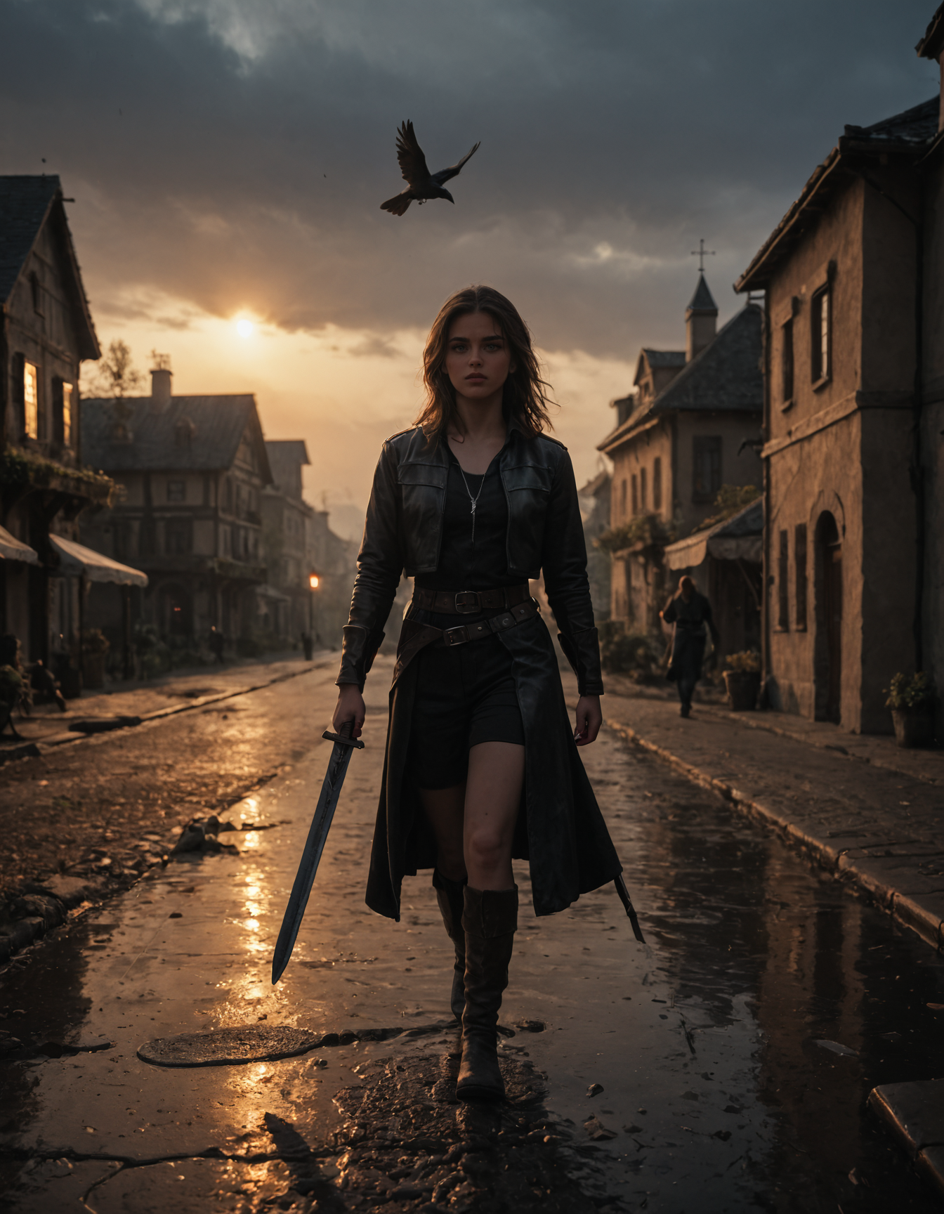 score_9, score_8_up, score_7_up, 1girl, rogue, holding weapon, holding sword, outdoors, overcast lighting, crows flying, village, leather belt, walking, puddle, looking to the side, dark, evening, sunset