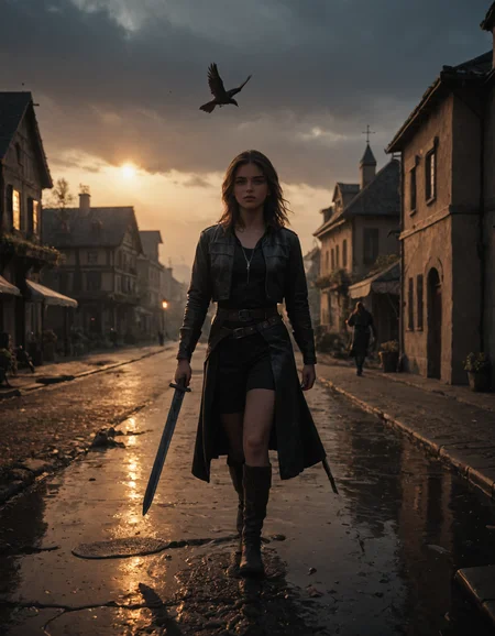 score_9, score_8_up, score_7_up, 1girl, rogue, holding weapon, holding sword, outdoors, overcast lighting, crows flying, village, leather belt, walking, puddle, looking to the side, dark, evening, sunset