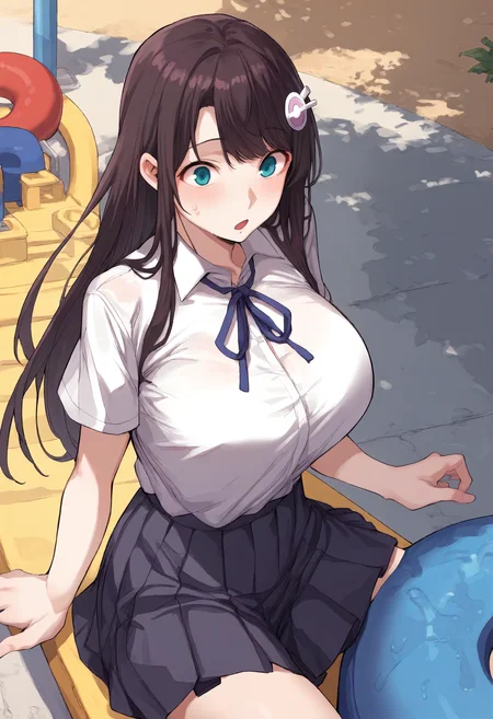 score_9, score_8_up, score_7_up, score_6_up, source_anime, rating_explicit, 1girl, solo, huge breasts, <lora:Park Jung-Ah prefectPonyxl:0.85>long hair, brown hair, hair ornament, blue eyes, black hair, sidelocks, aqua eyes, green eyes, school uniform, blue ribbon, neck ribbon, white shirt, collared shirt, short sleeves, black skirt, pleated skirt, surprised, playground , outdoors, looking at viewer