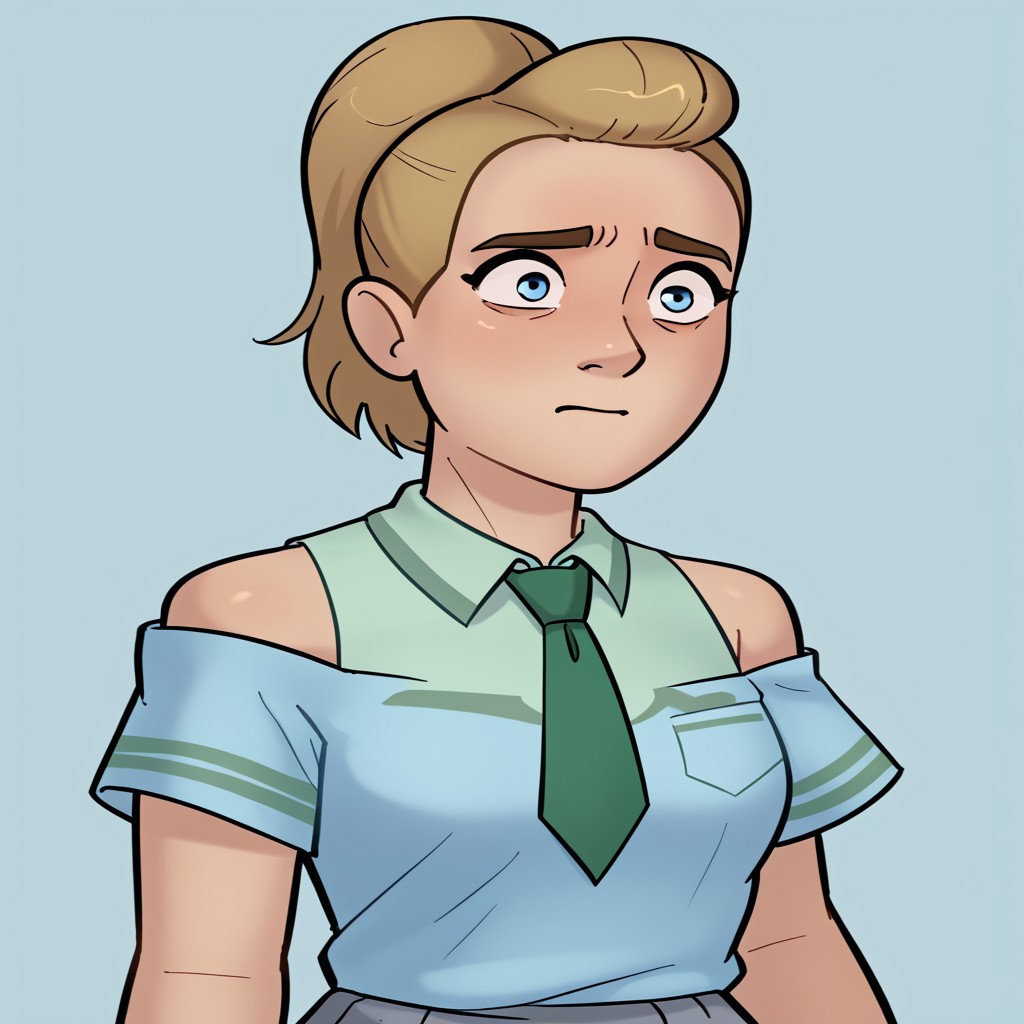 score_9, score_8_up, score_7_up, relatedguy, bust shot, solo, bare shoulders, CHAdora, simple background, one colour background, light blue background, Guilty, Downcast eyes, slumped shoulders, and a slightly ashamed expression, School Uniform, Green Tie, Green Collar Shirt, Skirt, Pleated Skirt, Short Sleeves, Long Socks,