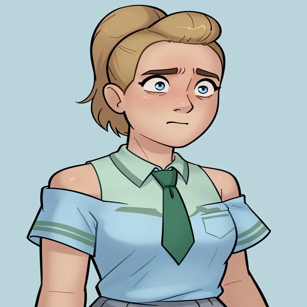 score_9, score_8_up, score_7_up, relatedguy, bust shot, solo, bare shoulders, CHAdora, simple background, one colour background, light blue background, Guilty, Downcast eyes, slumped shoulders, and a slightly ashamed expression, School Uniform, Green Tie, Green Collar Shirt, Skirt, Pleated Skirt, Short Sleeves, Long Socks,