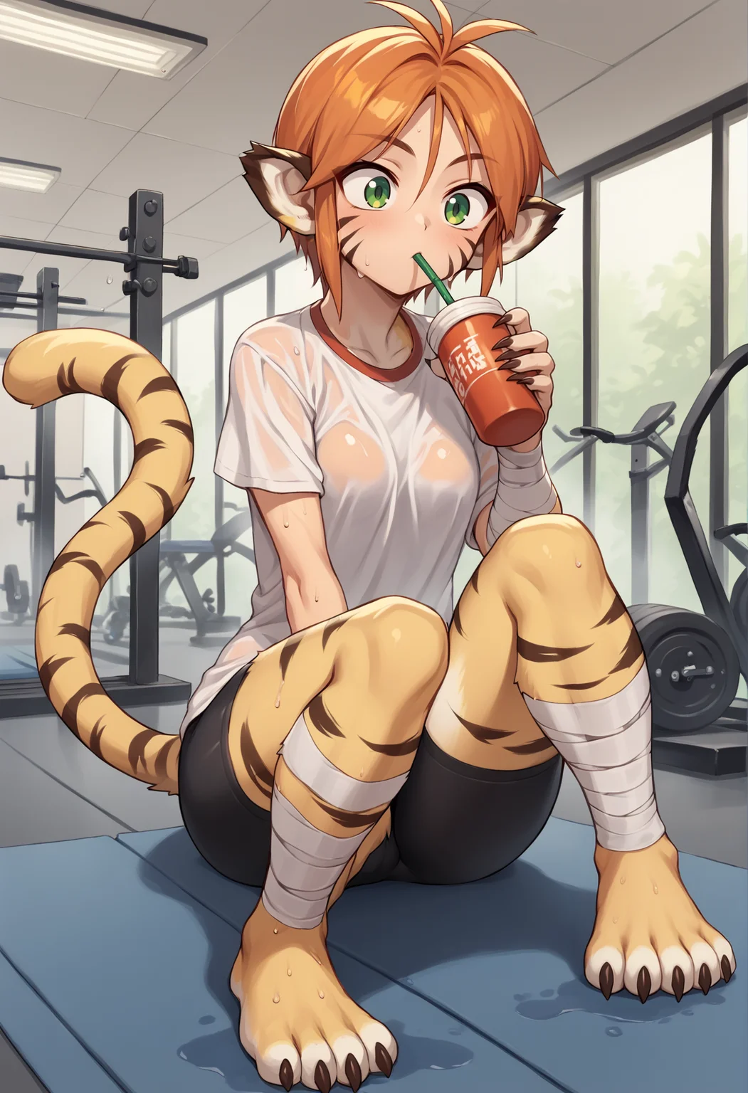 1girl, furry female, furry, short hair, orange hair, green eyes, animal ears, pointy ears, facial mark, sharp fingernails, sharp toenails, no pants, tiger tail, bandages, t-shirt, bike shorts, skin dentation, swear, towel, drinking, indoors, gym, wet clothes <lora:katt_xl:1>, score_9, score_8_up, score_7_up, score_6_up, score_5_up, score_4_up, BREAK source_anime, masterpiece