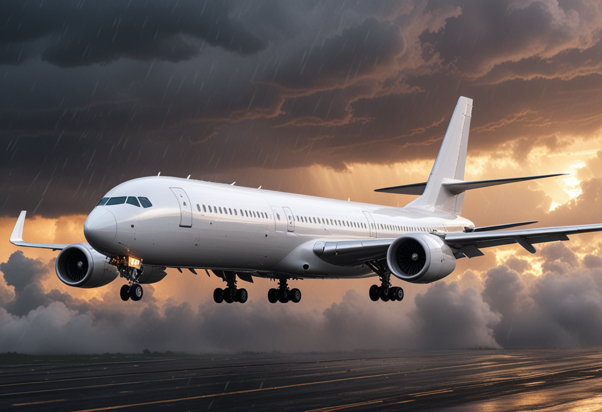 (medium full shot) of (aerodynamic expansive white airplane) with composite-material fuselage, ducted fan engines, multiple decks, metallic accents, set in  in the midst of a storm, the airplane enduring strong winds and heavy rain, during sunset, Masterpiece,best quality, photo, realistic, very aesthetic,