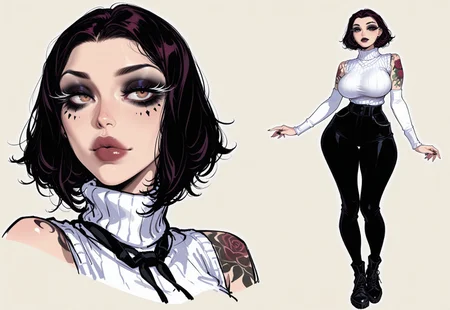 score_9, score_8_up, score_7_up, solo, portrait, close up, fully clothed , full body, wide hips, hip dips, tiny waist, posing, huge eyes, tall, tattoos, plump lips, eye shadow, eyeliner, mascara, contour makeup, delicate features, strong jaw, tattoos, posing, virgin killer sweater,