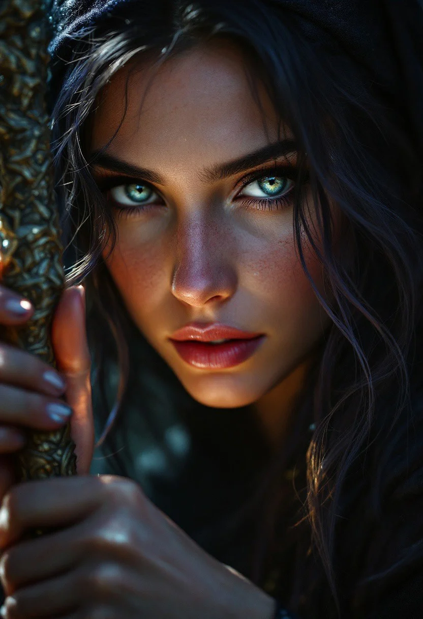 ultra realistic portrait of a sorceress holding a staff, digital painting by Jeremiah Ketner and Charlie Bowater and Stanley Artgerm and Thomas Saliot and J. Scott Campbell, shallow depth of field, light and shadows on face, incredibly detailed, full body length