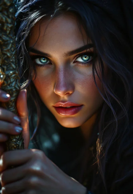 ultra realistic portrait of a sorceress holding a staff, digital painting by Jeremiah Ketner and Charlie Bowater and Stanley Artgerm and Thomas Saliot and J. Scott Campbell, shallow depth of field, light and shadows on face, incredibly detailed, full body length