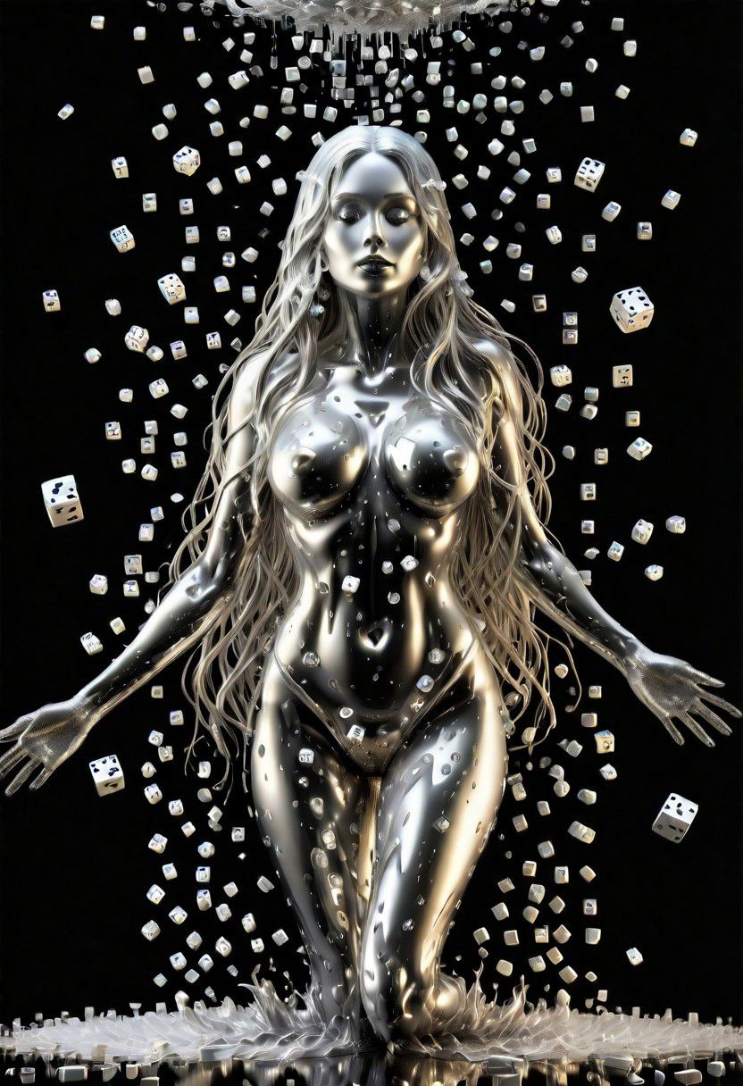 (masterpiece,best quality,ultra-detailed,best illustration:1.3), 1woman,  its raining dice, 1000s of white dice falling from from the clouds, full length metal body, silver liquid metal long hair, simple black background,
silver LIQUID METAL